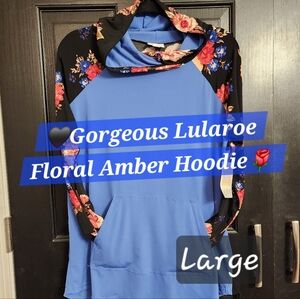 LuLaRoe Amber Hoodie LARGE MEDIUM Floral Slinky Black Blue Colorblock New